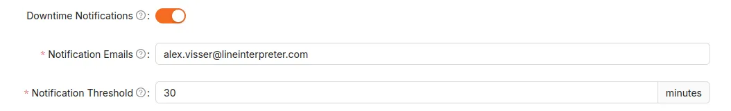 Downtime notification configuration fields
