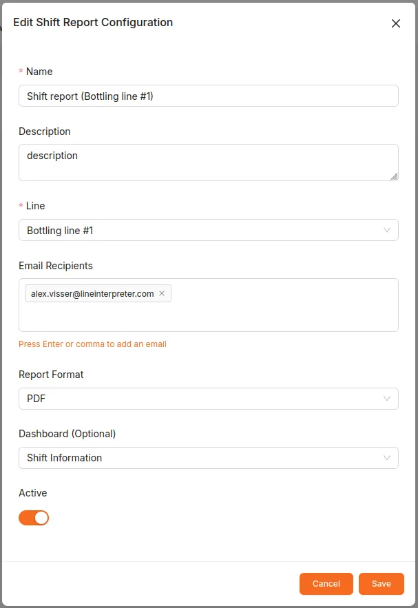 Shift Report Configuration modal